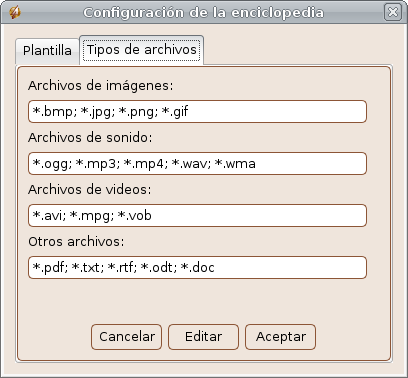 Configuración. Tipos de archivos.